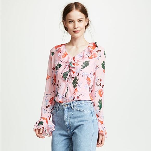 C/MEO COLLECTIVE Pink Floral Ruffle Blouse Elude M NWT Colorful Bright - Picture 1 of 7